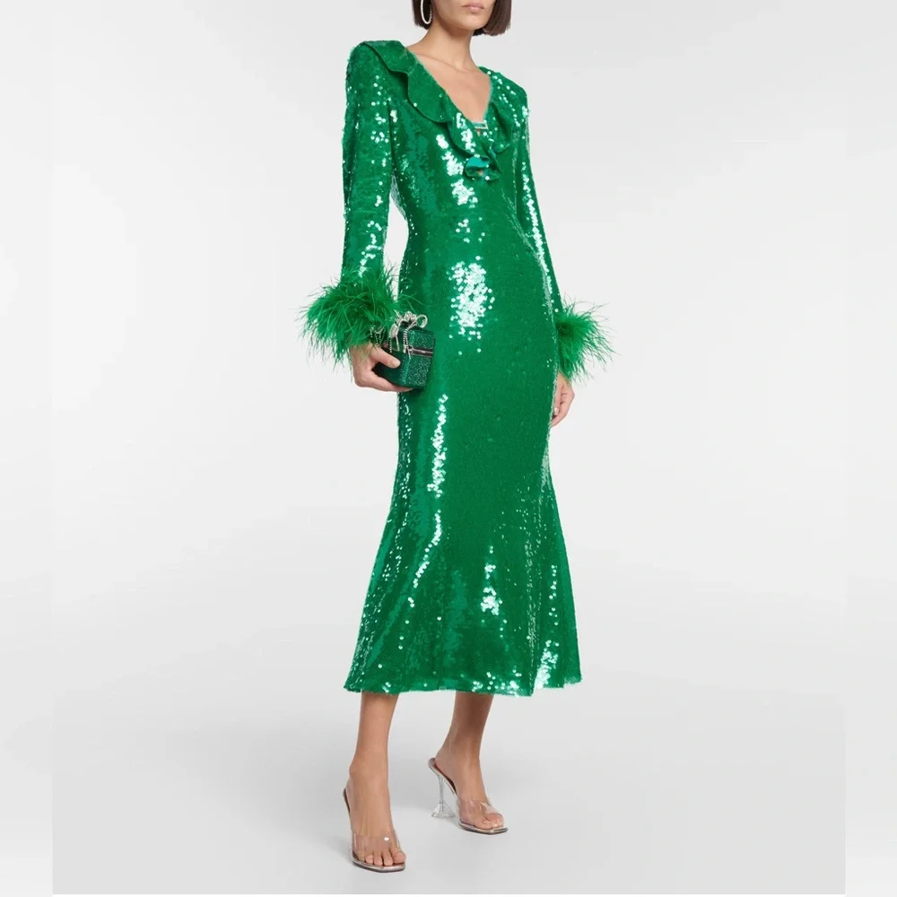 NWOT Self-Portrait Feather-Trimmed Sequined Midi Dress. Size  8 - Picture 4 of 16